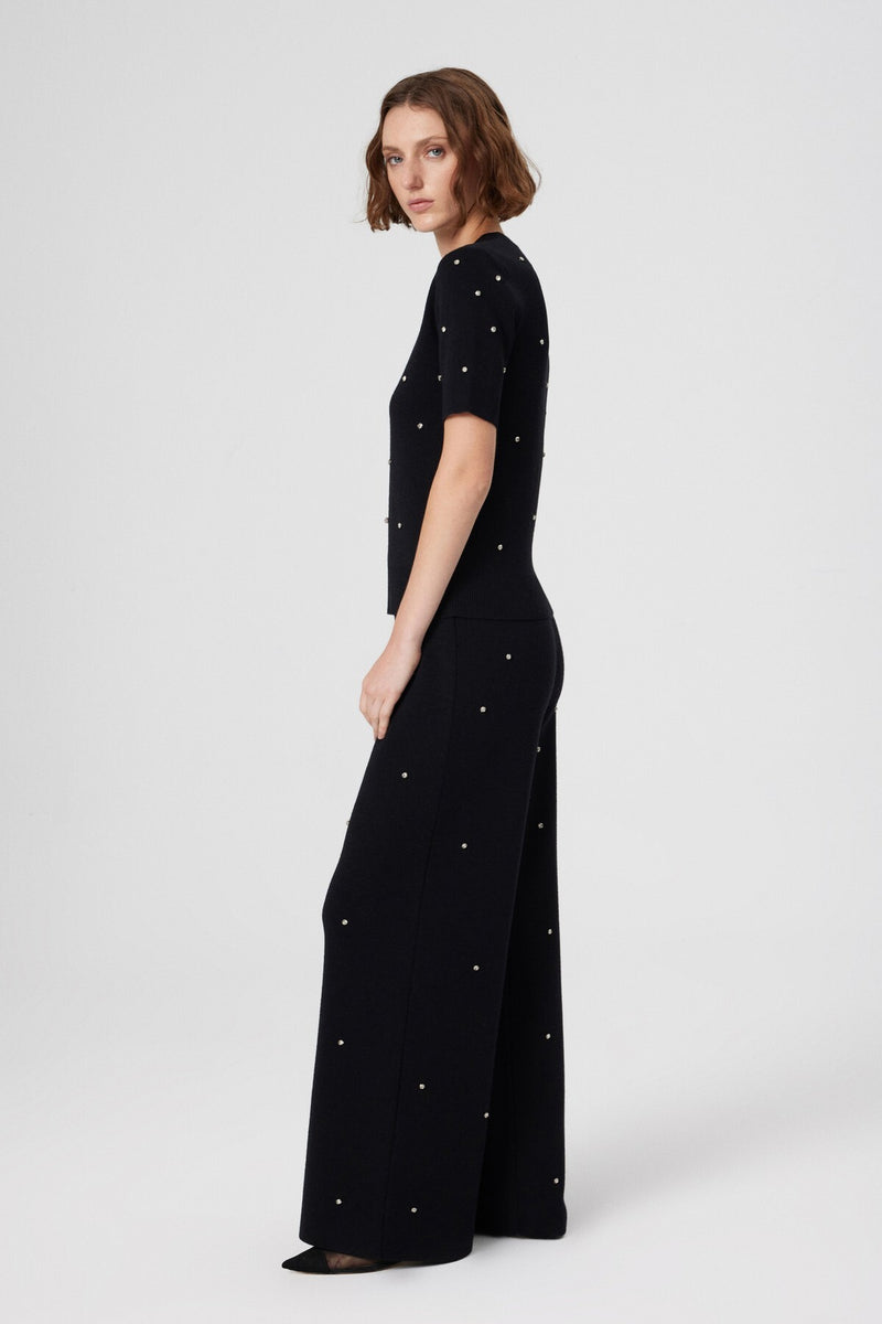 Black Stone Embroidered Short Sleeve Women's Sweater