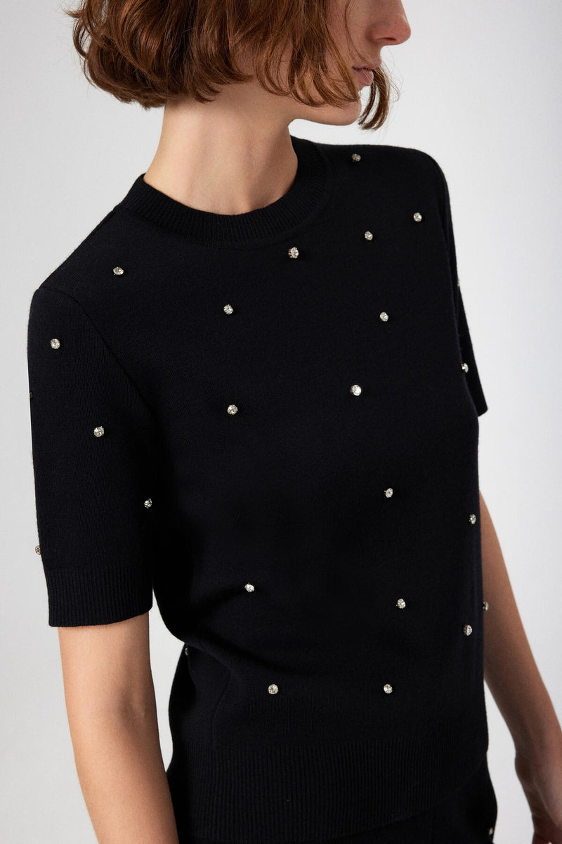 Black Stone Embroidered Short Sleeve Women's Sweater