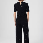 Black Stone Embroidered Short Sleeve Women's Sweater