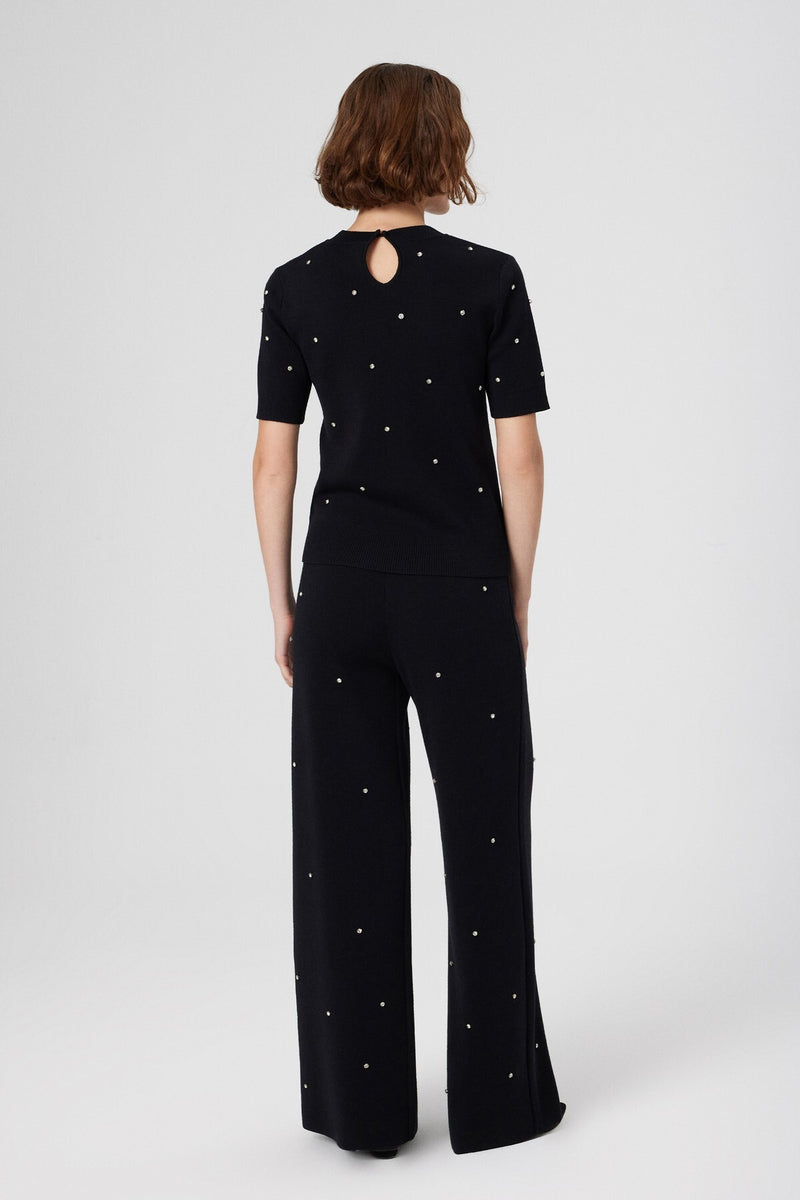 Black Stone Embroidered Short Sleeve Women's Sweater