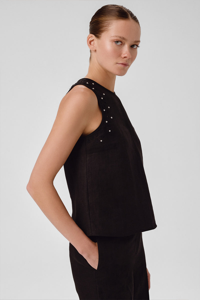 Black Stone Embroidered Sleeveless Blouse
