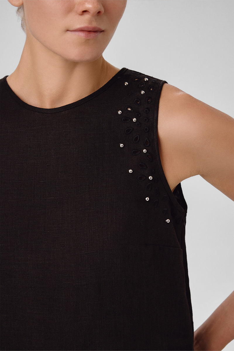 Black Stone Embroidered Sleeveless Blouse