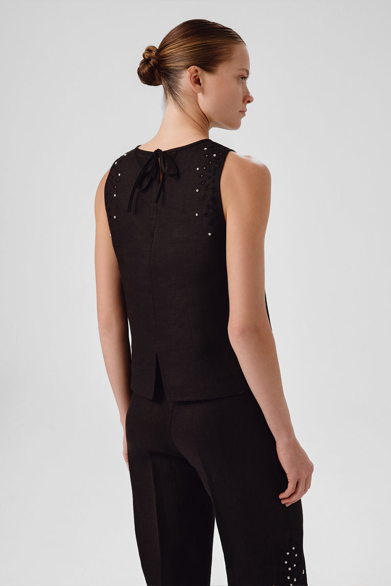 Black Stone Embroidered Sleeveless Blouse