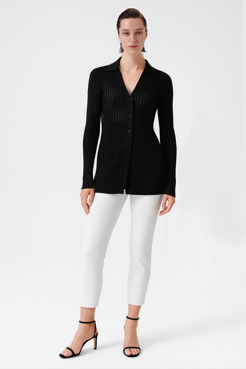Black Transparent Detailed Ribbed Women's Cardigan