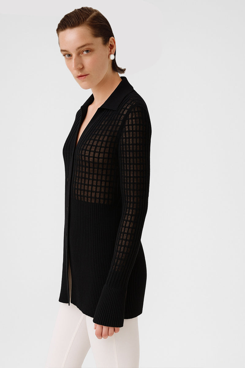 Black Transparent Detailed Ribbed Women's Cardigan
