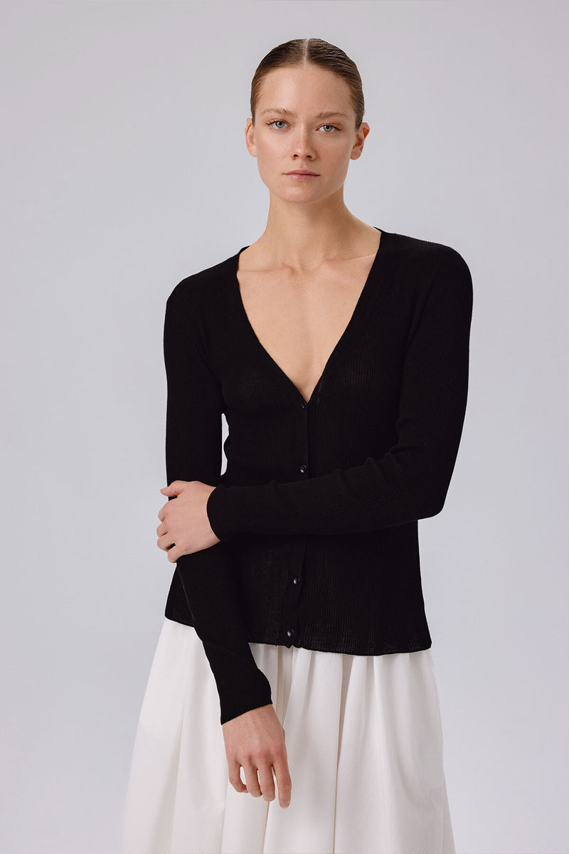 Black V-Neck Ribbed Fine Women's Cardigan