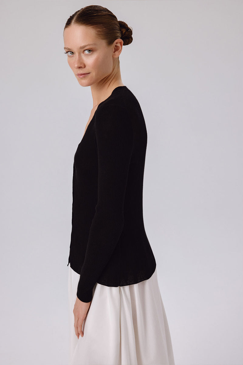 Black V-Neck Ribbed Fine Women's Cardigan