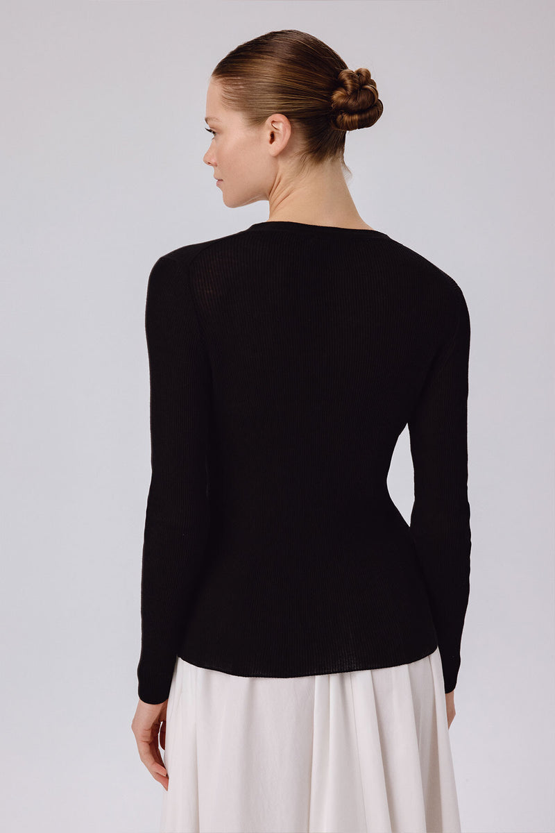 Black V-Neck Ribbed Fine Women's Cardigan