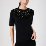 Women's Sweater with Black Collar Embroidery