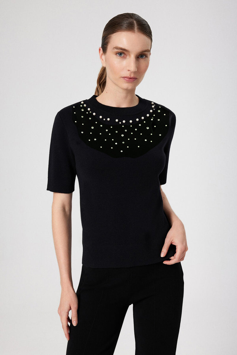 Women's Sweater with Black Collar Embroidery