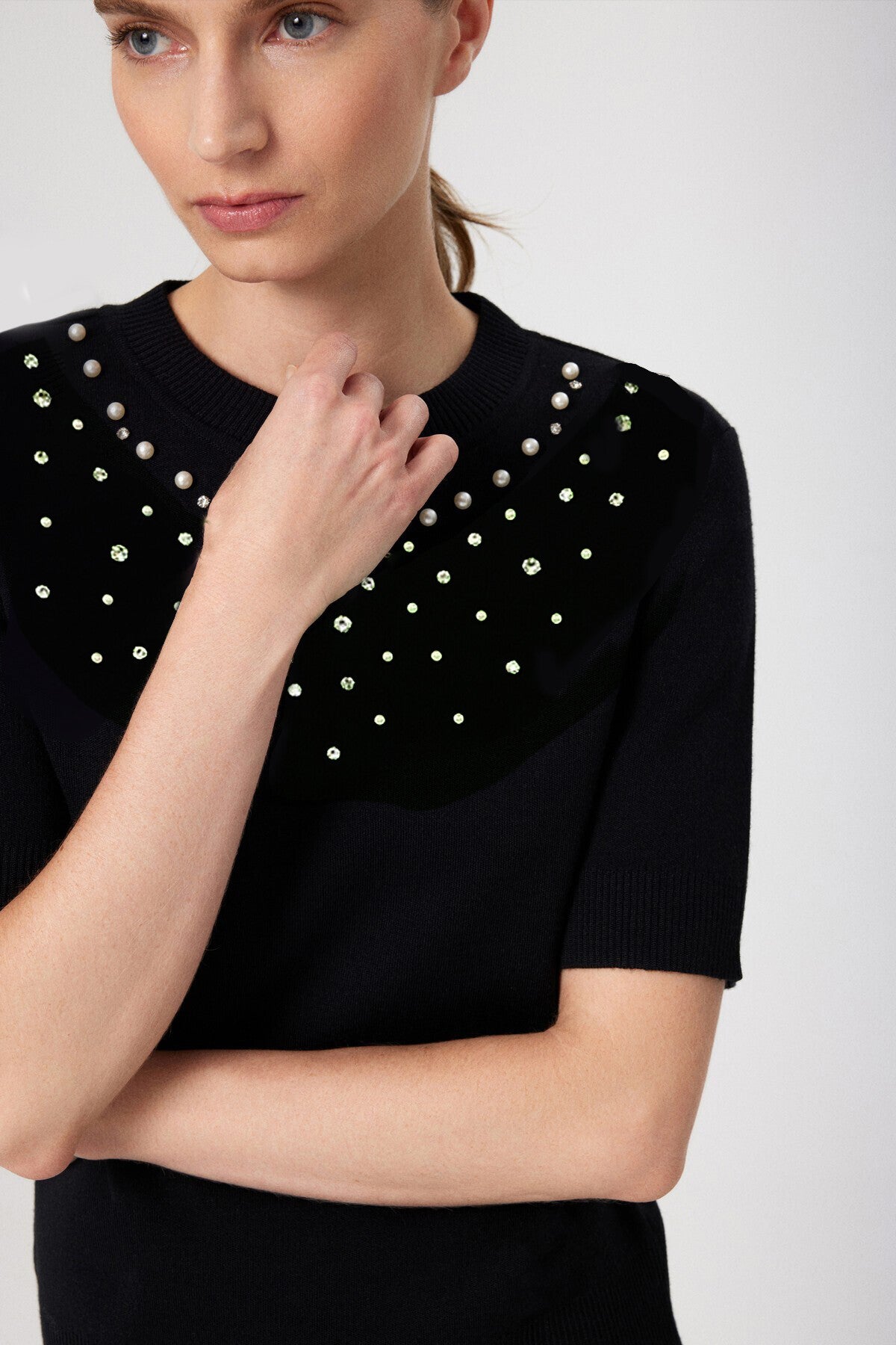 Women's Sweater with Black Collar Embroidery