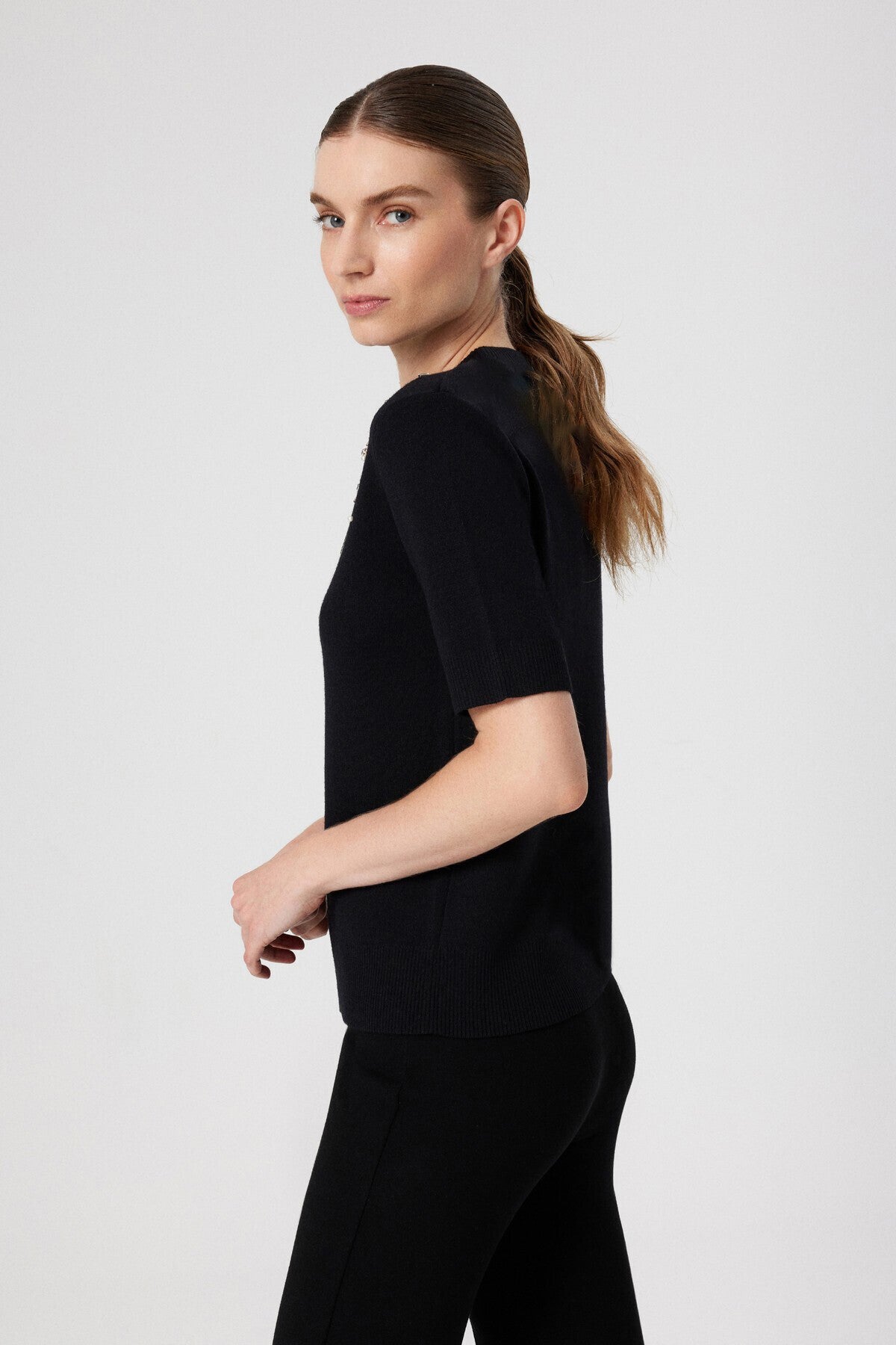 Women's Sweater with Black Collar Embroidery