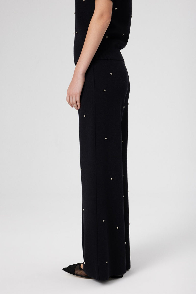 Women's Wide-Leg Pants with Black Stone Embroidery