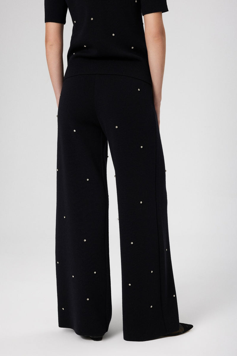 Women's Wide-Leg Pants with Black Stone Embroidery
