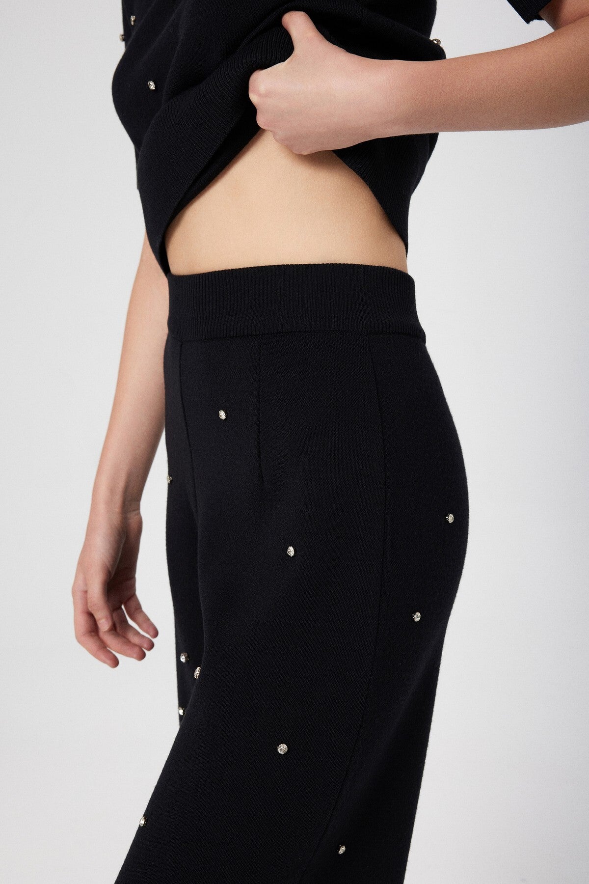 Women's Wide-Leg Pants with Black Stone Embroidery