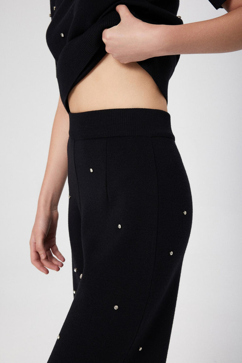 Women's Wide-Leg Pants with Black Stone Embroidery