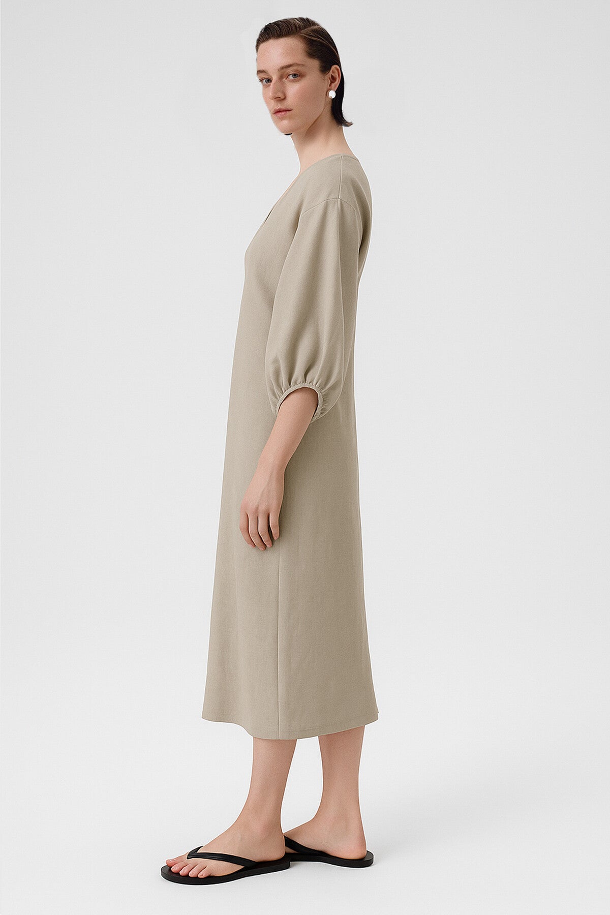 Stone Balloon Sleeve V-Neck Dress
