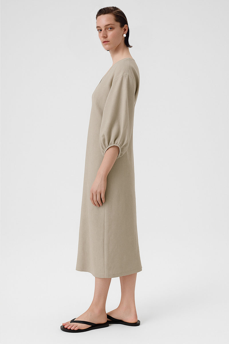 Stone Balloon Sleeve V-Neck Dress