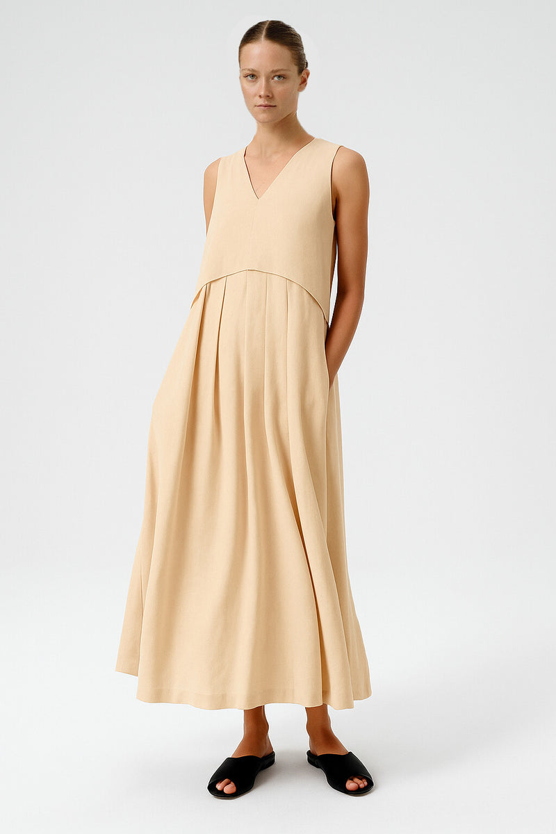 Stone-Hemmed Pleated Sleeveless Long Dress