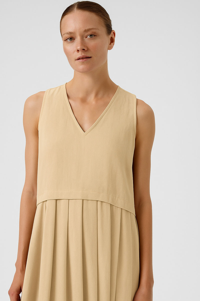 Stone-Hemmed Pleated Sleeveless Long Dress