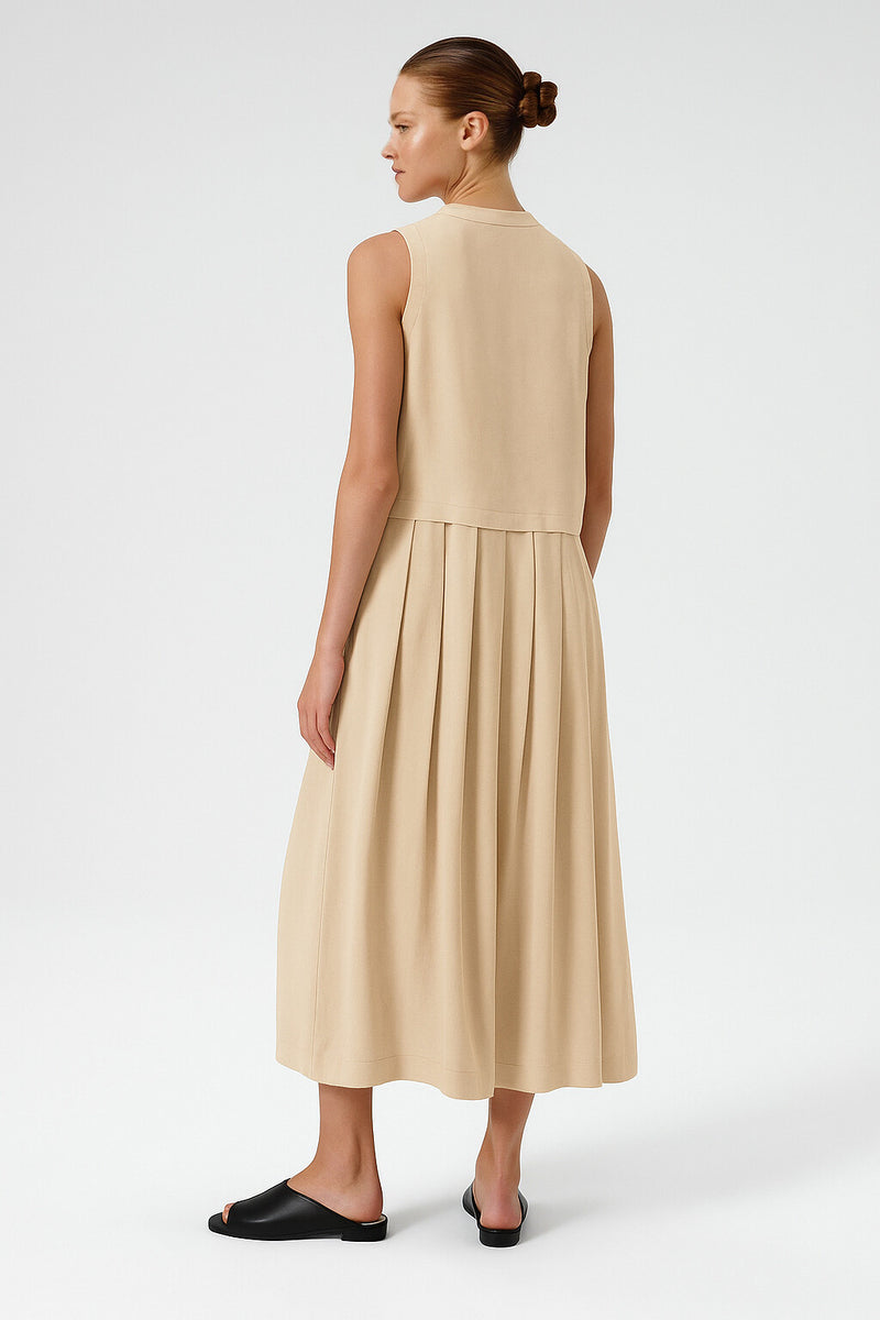 Stone-Hemmed Pleated Sleeveless Long Dress
