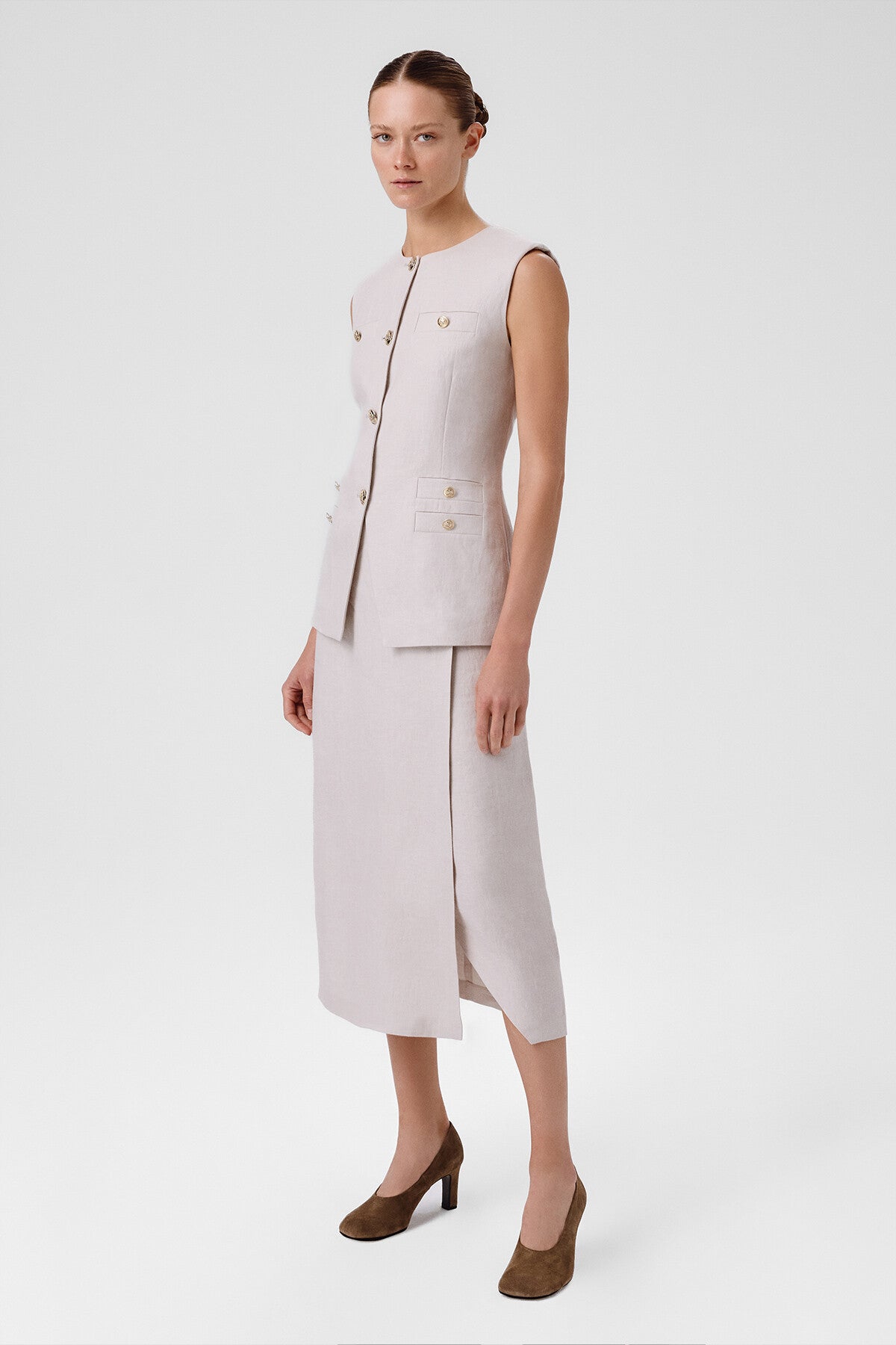 Women's Vest with Stone Gold Button Pocket Detail