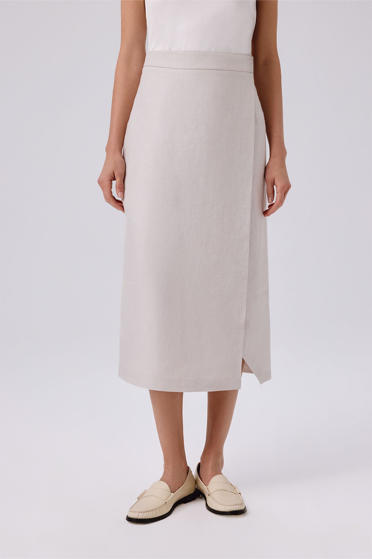 Stone-Washed Asymmetrical Slit Midi Skirt