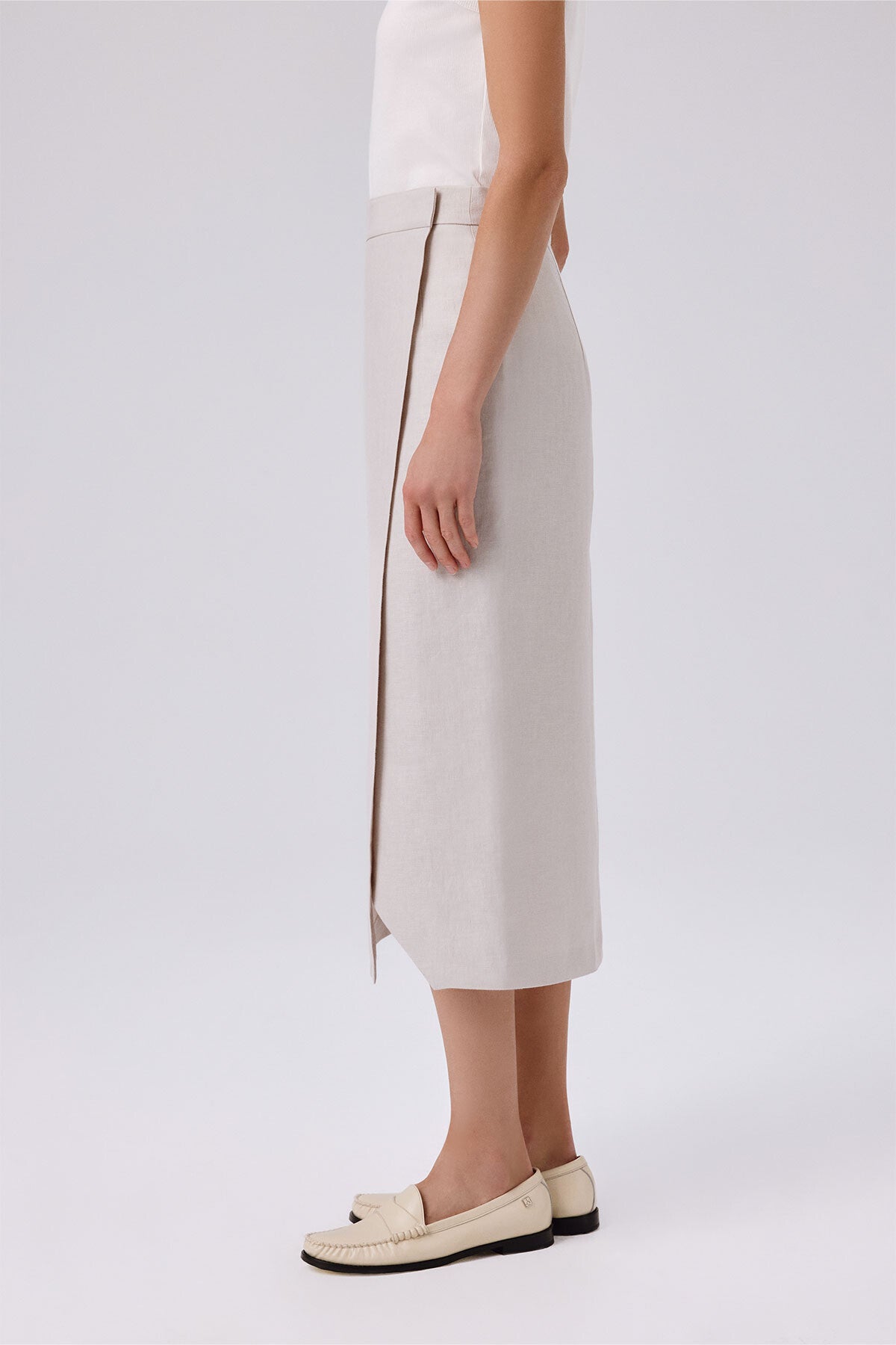Stone-Washed Asymmetrical Slit Midi Skirt