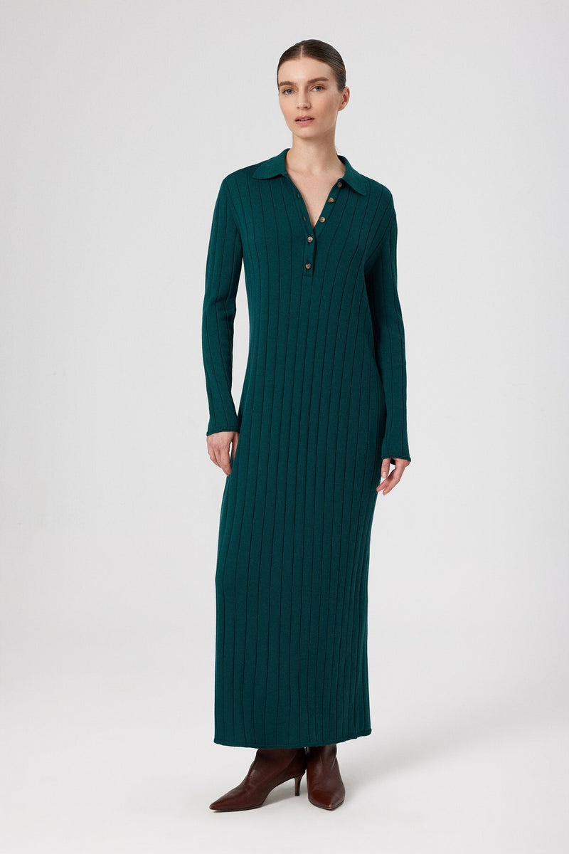 Green Polo Neck Ribbed Long Dress