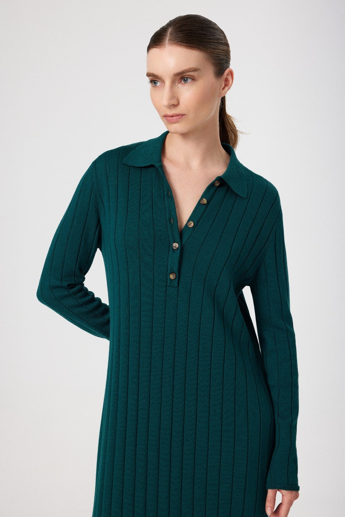 Green Polo Neck Ribbed Long Dress