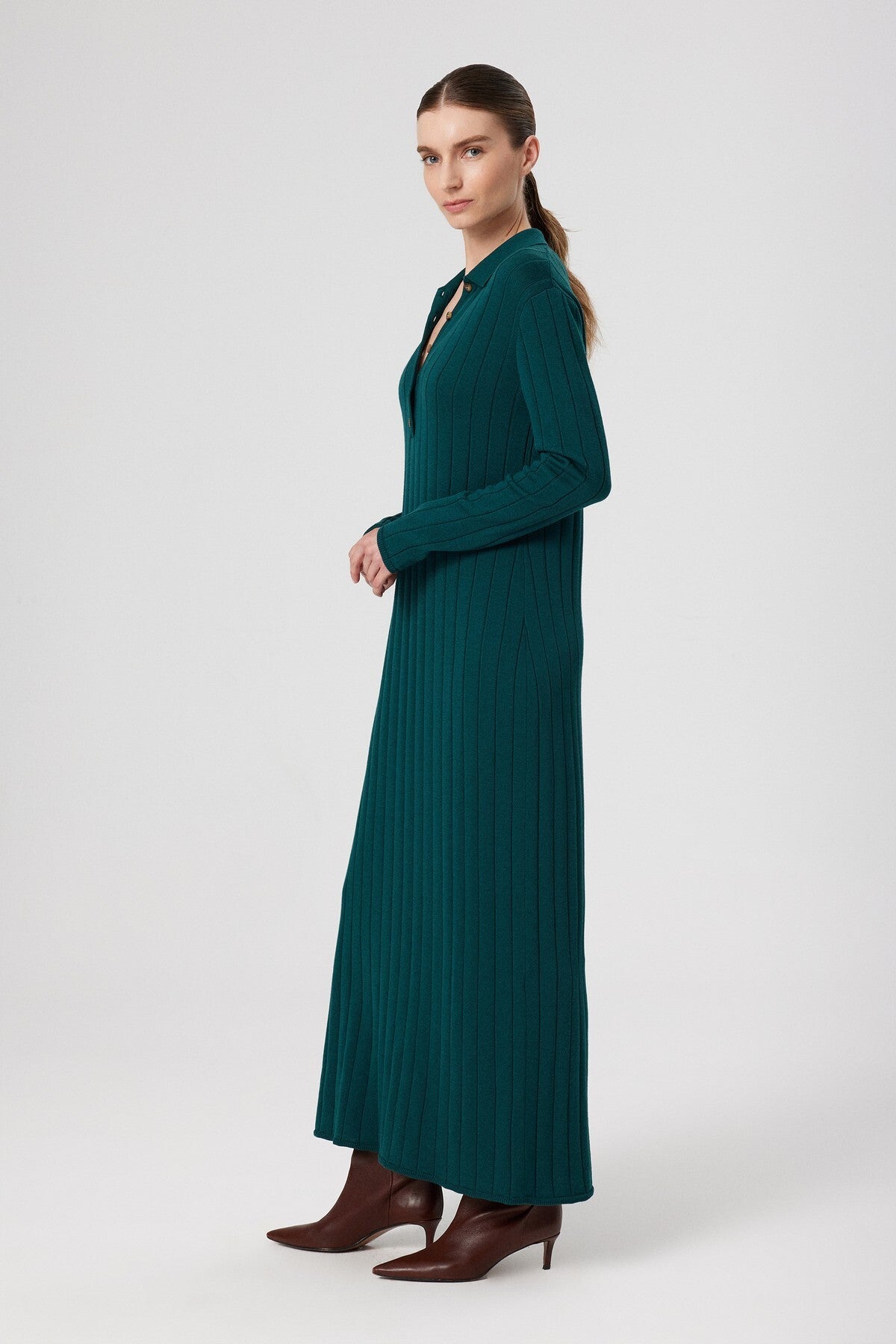 Green Polo Neck Ribbed Long Dress