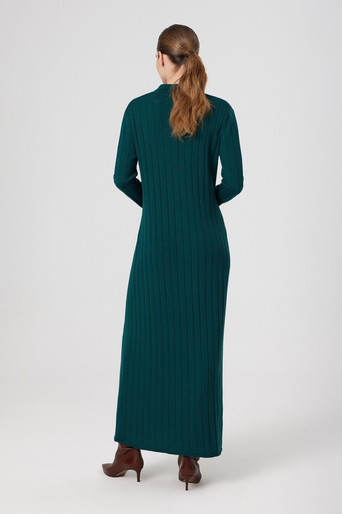 Green Polo Neck Ribbed Long Dress